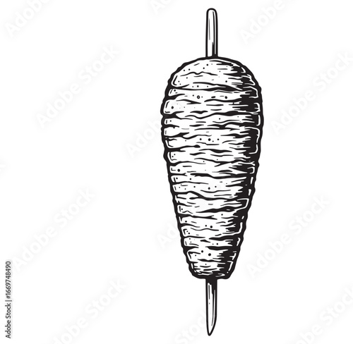 Hand drawn illustration of a delicious shawarma rotisserie with black and white rendering