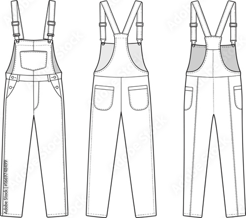 Technical flat fashion sketch of denim dungaree pants with adjustable straps, pockets, belt loops, casual overalls clothing design vector illustration template.