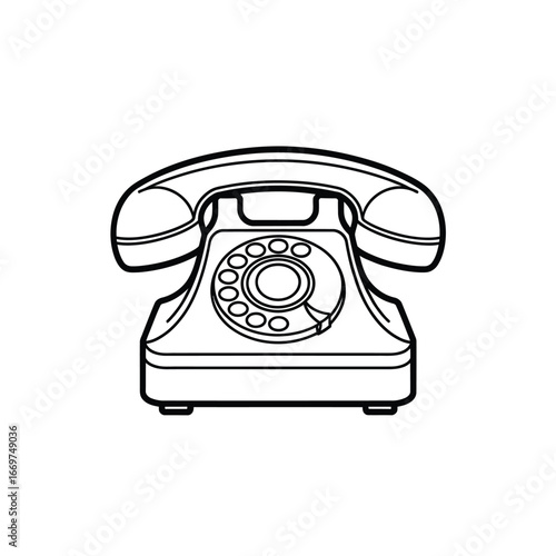 Vintage rotary dial telephone illustration black and white outline