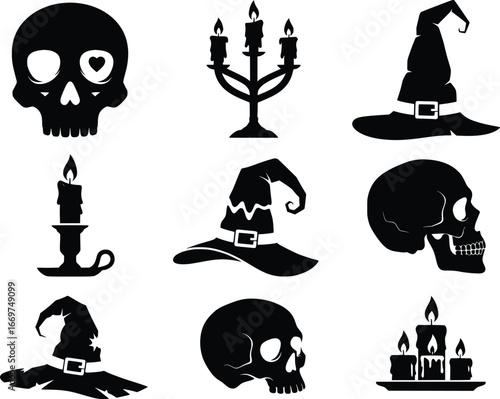 Collection of halloween icons including skulls, witch hats, and candles halloween elements set