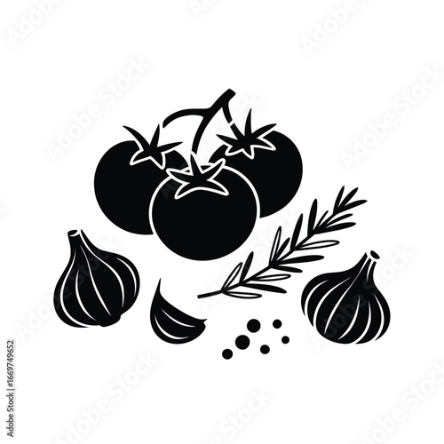 Black and white illustration of fresh tomatoes garlic rosemary and peppercorns