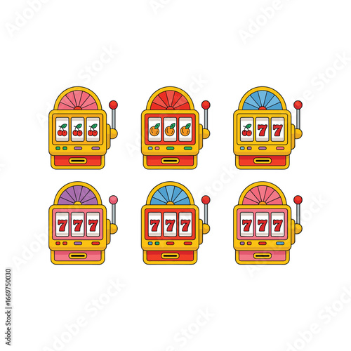 Collection of six classic slot machine icons with winning combinations for casino and gaming concepts