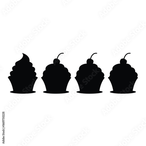 Four black silhouette cupcakes with cherry topping on white background
