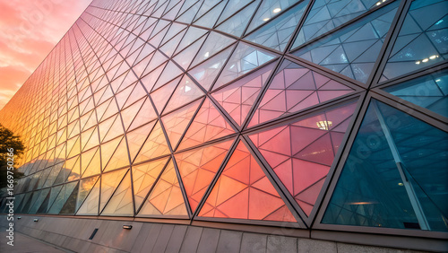 Modern glass facade with triangular geometric pattern reflecting vivid sunset colors in orange pink and blue perfect for urban architecture design and contemporary business visuals 