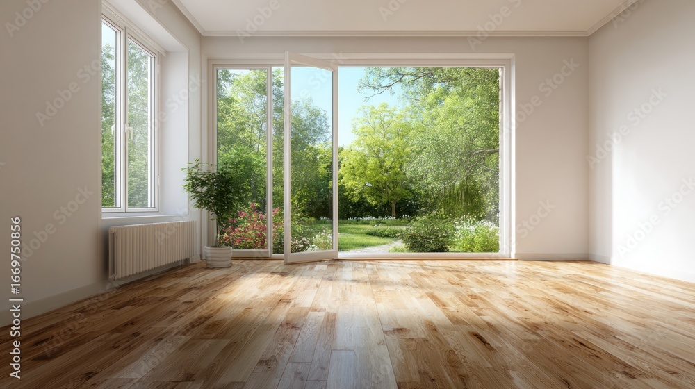 Obraz premium Empty room with large windows showcasing a garden (1)