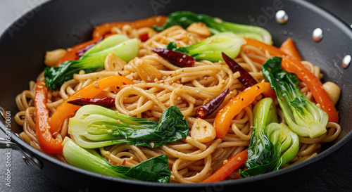 Delicious Stirfried Noodles with Bok Choy and Peppers.