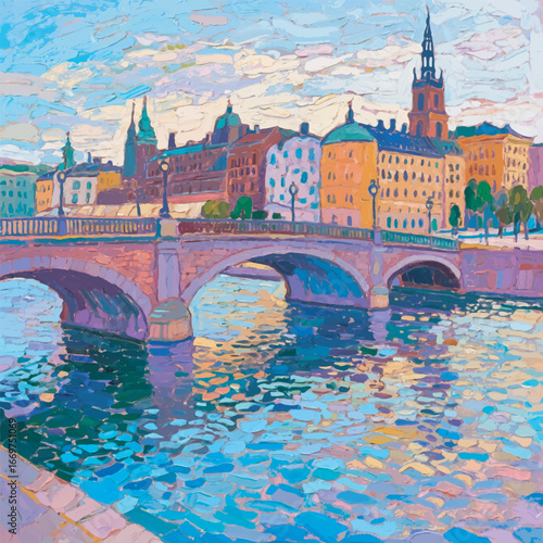 Stockholm City with Bridge over Water with Urban Background Illustration