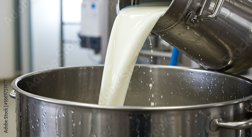 Milk Processing Pouring Fresh Milk into Stainless Steel Vat