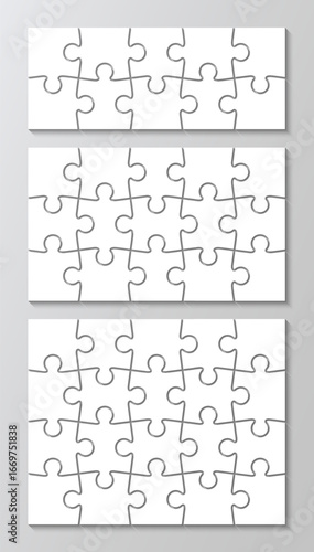 3 Puzzle grids infographics collection. Puzzles with 10, 15, 20 pieces. Jigsaw business chain infographic. Process diagram presentation. Business info graphic with steps, parts. Vector illustration
