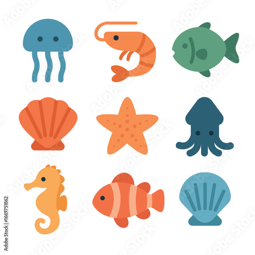 icon set of flat design illustrations of marine animals