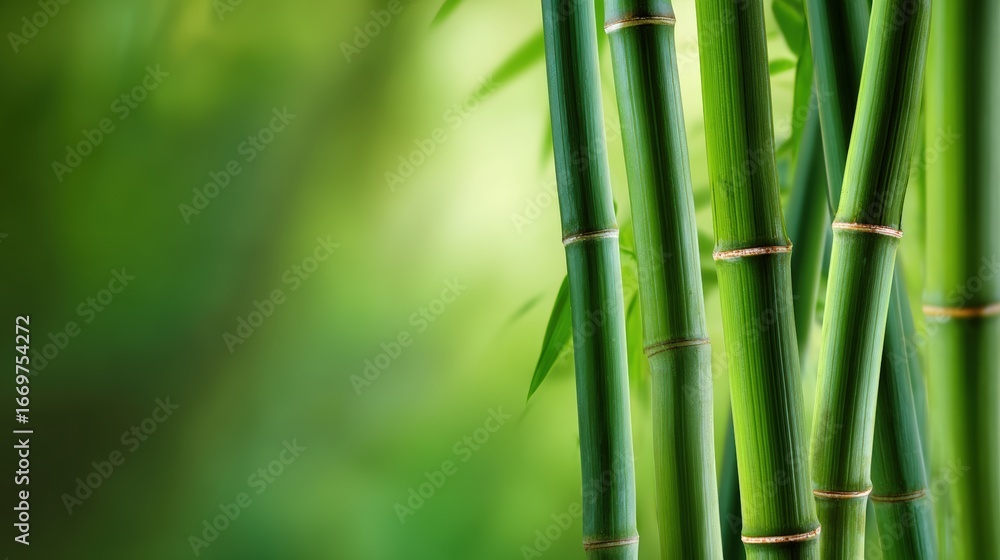 Obraz premium Lush bamboo stalks rise against a softly blurred green background, perfect for nature-themed projects, wellness, or sustainability concepts, evoking tranquility and growth,