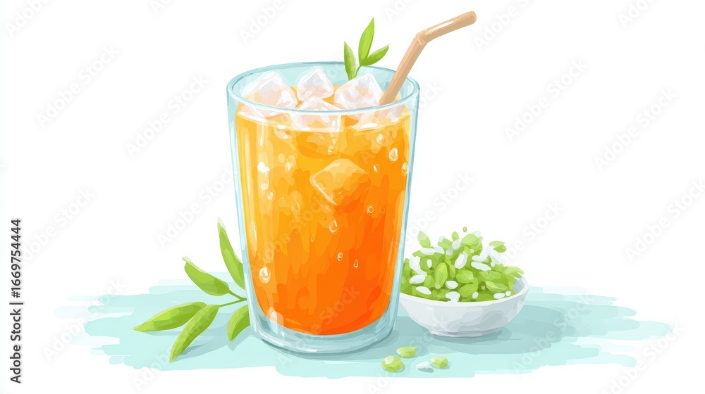 Fototapeta premium Refreshing beverage in a clear glass with ice, accompanied by green leaves and herbs, Ideal for summer-themed content, recipes, or promotions for cafes and bars,