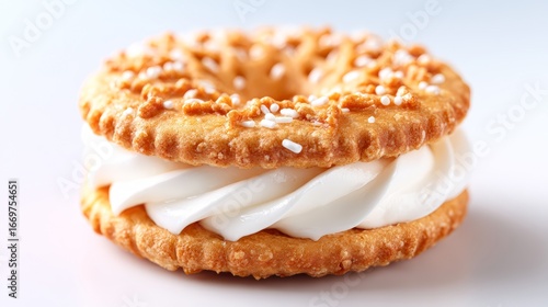 A close-up of a sweet dessert featuring a crispy sandwich filled with creamy white frosting, adorned with sprinkles, This enticing image is perfect for food blogs, dessert menus, or advertisements,