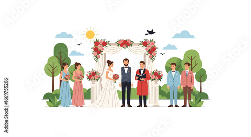 Flat style vector illustration of a wedding ceremony with bride, groom, bridesmaids, and groomsmen under a floral arch, celebrating love, marriage, and unity in an outdoor setting