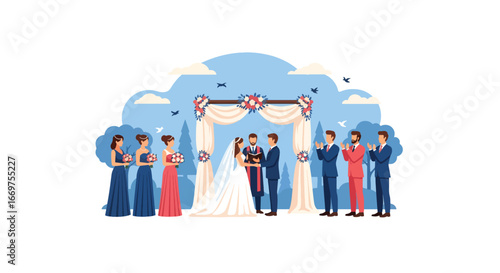 Flat style vector illustration of a wedding ceremony with bride, groom, bridesmaids, and groomsmen under a floral arch, celebrating love, marriage, and unity in an outdoor setting