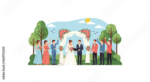 Flat style vector illustration of a wedding ceremony with bride, groom, bridesmaids, and groomsmen under a floral arch, celebrating love, marriage, and unity in an outdoor setting