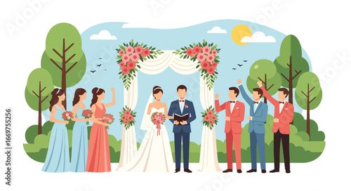 Flat style vector illustration of a wedding ceremony with bride, groom, bridesmaids, and groomsmen under a floral arch, celebrating love, marriage, and unity in an outdoor setting