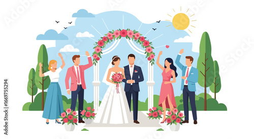 Flat style vector illustration of a wedding ceremony with bride, groom, bridesmaids, and groomsmen under a floral arch, celebrating love, marriage, and unity in an outdoor setting