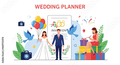 Flat style vector illustration of a wedding planner organizing a celebration with bride, groom, balloons, gifts, and invitations, symbolizing marriage, romance, and event planning services