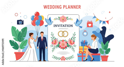 Flat style vector illustration of a wedding planner organizing a celebration with bride, groom, balloons, gifts, and invitations, symbolizing marriage, romance, and event planning services