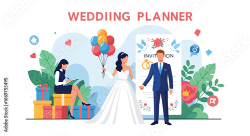 Flat style vector illustration of a wedding planner organizing a celebration with bride, groom, balloons, gifts, and invitations, symbolizing marriage, romance, and event planning services
