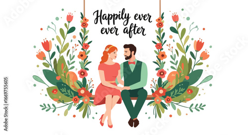 Flat style vector illustration of a romantic wedding couple sitting on a floral swing with “Happily Ever After” text, symbolizing love, marriage, and celebration, perfect for invitations and cards