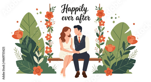 Flat style vector illustration of a romantic wedding couple sitting on a floral swing with “Happily Ever After” text, symbolizing love, marriage, and celebration, perfect for invitations and cards