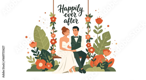 Flat style vector illustration of a romantic wedding couple sitting on a floral swing with “Happily Ever After” text, symbolizing love, marriage, and celebration, perfect for invitations and cards