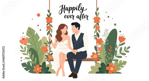 Flat style vector illustration of a romantic wedding couple sitting on a floral swing with “Happily Ever After” text, symbolizing love, marriage, and celebration, perfect for invitations and cards