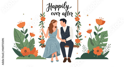 Flat style vector illustration of a romantic wedding couple sitting on a floral swing with “Happily Ever After” text, symbolizing love, marriage, and celebration, perfect for invitations and cards