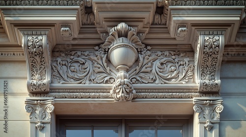 Intricate architectural detail of a building facade with ornate carvings and a vase