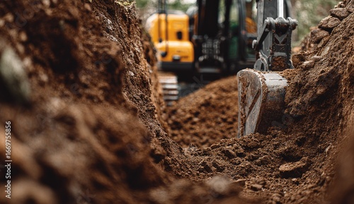 Excavator digs trench in earth
