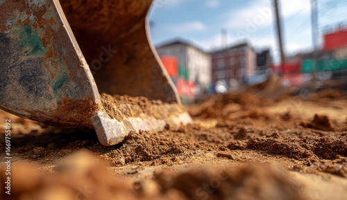 Wallpaper Mural Close-up of excavator bucket digging in brown earth. Cityscape in background Torontodigital.ca