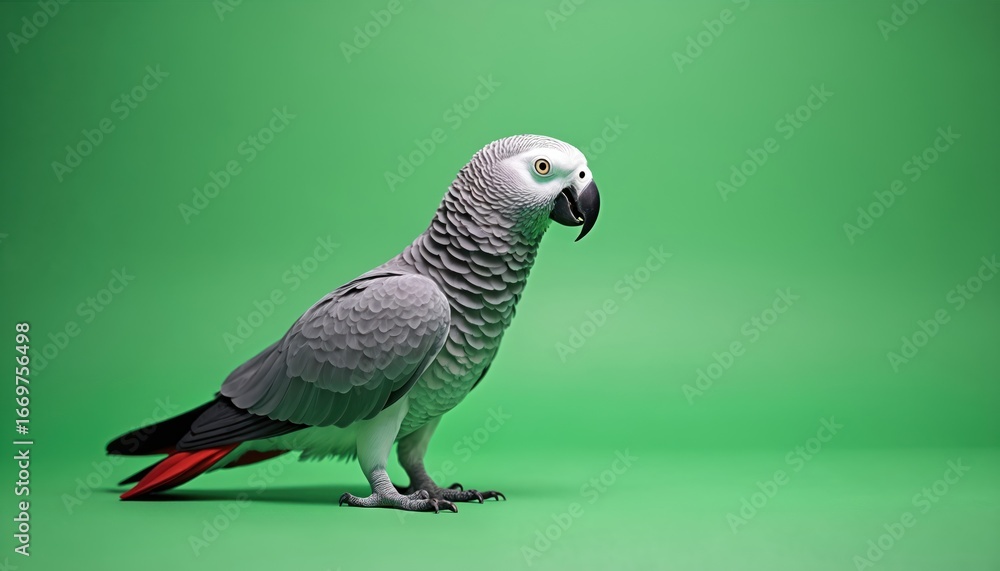 Fototapeta premium Majestic African Grey Parrot stands against vibrant green screen. Intelligent avian known for mimicry offers studio shot portrait, isolated for graphic design, backgrounds. Features include striking