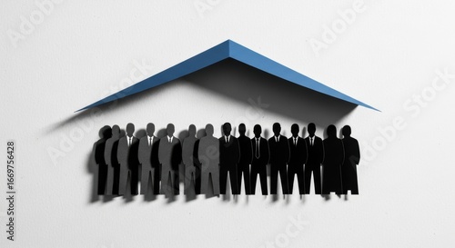 Team Protection: Paper Cutout Business People Under Secure Blue Roof on White