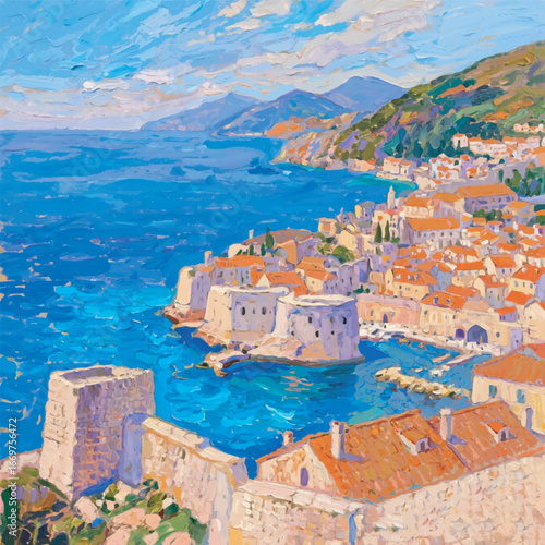 Old Town Dubrovnik with Blue Sea Background Illustration Design Template