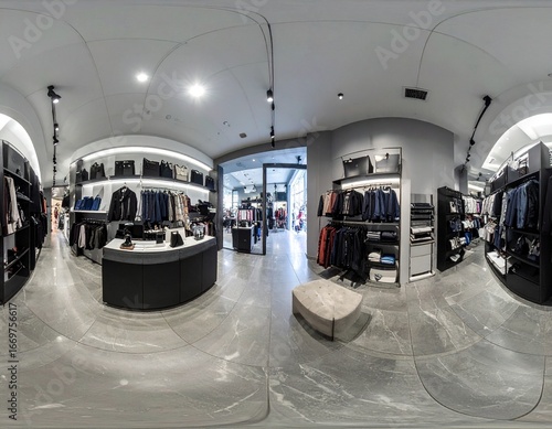 A 360-degree retail store showcasing shelves of products, providing a modern, immersive shopping experience.