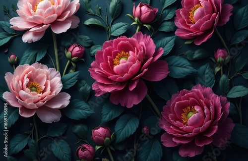 Dark floral pattern features deep moody hues with richly detailed pink flowers, dark green foliage. Delicate petals, leaves create beautiful botanical design. Ideal for wallpaper decorative