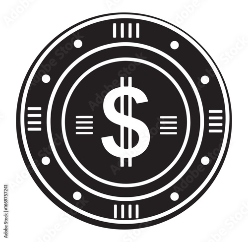 Black and white vector illustration of a dollar coin symbol for finance and business