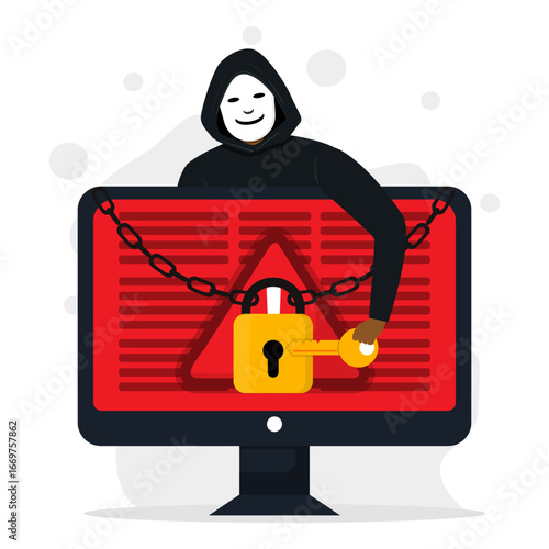 Vector illustration of a masked hacker trying to unlocking  computer security with a chain and padlock. Symbolizing personal data stealing, data breach, and cyber crime threats.