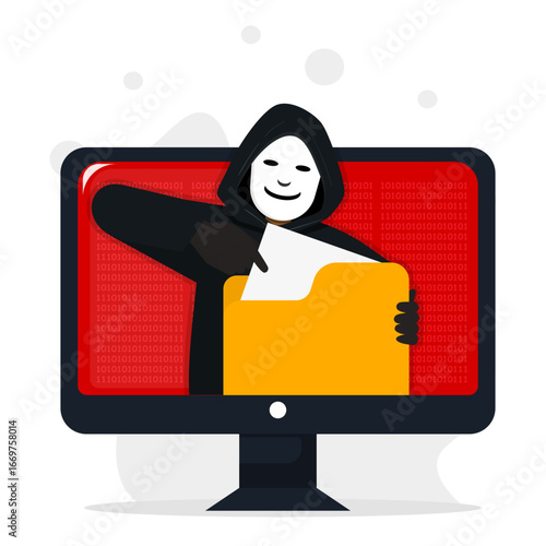 Vector illustration of a hacker stealing a file from a computer. Symbolizing data breach, cybercrime, information theft, and digital security threats.