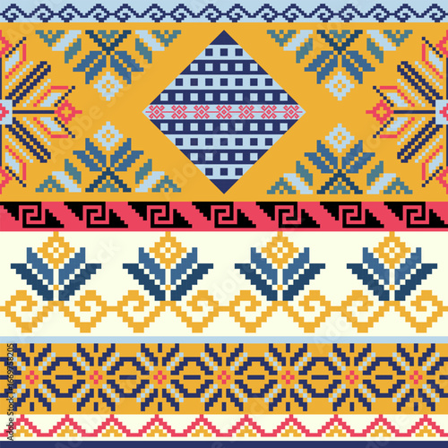 Folk embroidery cross stitch floral border pixel Tribal yellow pattern for Textile, Wallpaper Design, Fabric, carpet, vector, home decor and decoration illustration design