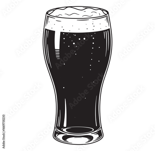Classic glass of dark beer illustration in a simple vintage engraved style