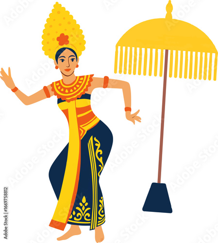 Vector illustration of a traditional Balinese dancer in colorful costume performing a cultural dance with an umbrella decoration