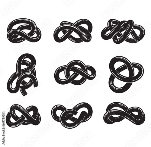 Collection of hand drawn black rope knot icons featuring various detailed designs
