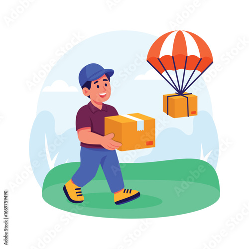 Delivery man receives package dropped safely with parachute.