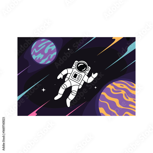Astronaut floating amongst vibrant planets and streaking meteorites in deep space galaxy exploration