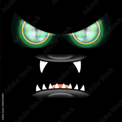 A scary monster with glowing green eyes and razor-sharp teeth peers out of the darkness, a frightful Halloween backdrop featuring an open mouth and fangs