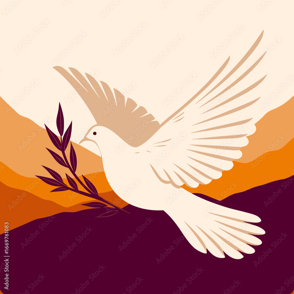 Obraz premium A white pigeon in flight with an olive branch in its paws against a background of stylized wavy mountains in shades of warm orange tones.