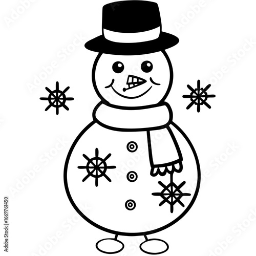 Cheerful vector illustration of a snowman with a top hat and a scarf, holding a glass of champagne next to a Christmas tree